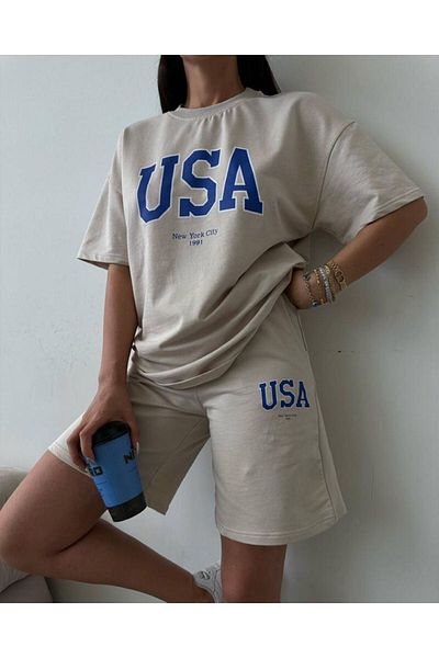 Sweetline USA T-Shirt Σορτς - Μπλουζάκι με μπλουζάκι με στάμπα με λαιμόκοψη