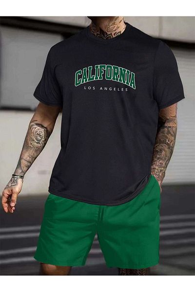 Sweetline Losangeles Πράσινη στάμπα - NeftiGreen Σορτς και Μαύρο Σετ μπλουζών, UnisexOversize