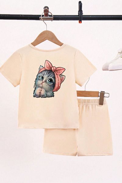 Sweetline Little Cat Kids Set Tricou Pantaloni Scurt - Imprimeu Bej Fete Summer Crew Deck
