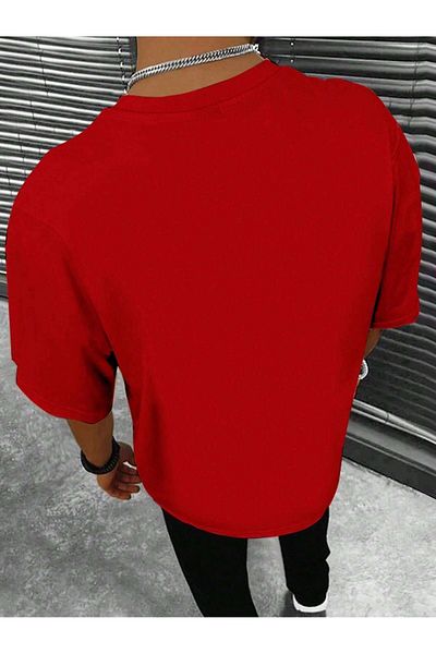 DUBU BUTİK Paris Line Single Jersey T-Shirt - Red Printed Oversize Crew Neck T-Shirt