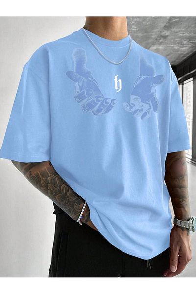 VBSVİBES Ανδρικό μπλουζάκι με στάμπα χεριών Oversize Baby Blue - Μπλουζάκι με κοντό μανίκι με λαιμόκοψη