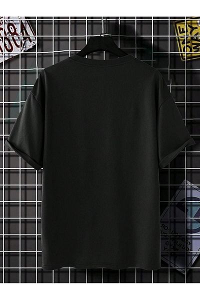 DUBU BUTİK Wonderful Single Jersey T-Shirt - Black Printed Oversize Crew Neck T-Shirt