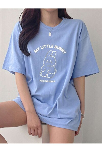 DUBU BUTİK Tricou cu mânecă scurtă cu aspect de iepuraș mic - Tricou supradimensionat cu mânecă scurtă, albastru bebeluș