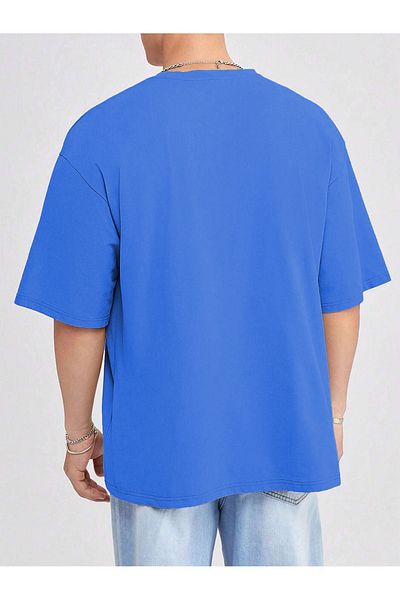 DUBU BUTİK Basic Single Jersey T-Shirt - Sax Blue Oversize Crew Neck T-Shirt