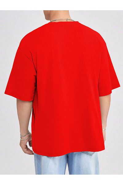 DUBU BUTİK Basic Single Jersey T-Shirt - Red Oversize Crew Neck T-Shirt