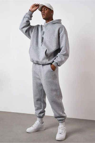 Sweetline Σετ φόρμας κάθετης γραφής Φούτερ Jogger - Γκρι εμπριμέ Oversize Raised Hooded