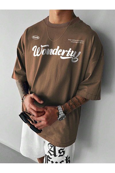 DUBU BUTİK T-Shirt - Καφέ - Oversize
