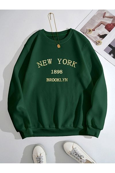 Sweetline Суичър New York 1898 Brooklyn - Nefti Green Printed Oversize Winter Thick Crew Deck