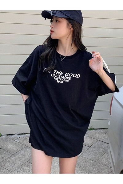 DUBU BUTİK See the Good Single Jersey T-Shirt - Black Printed Oversize Crew Neck T-Shirt