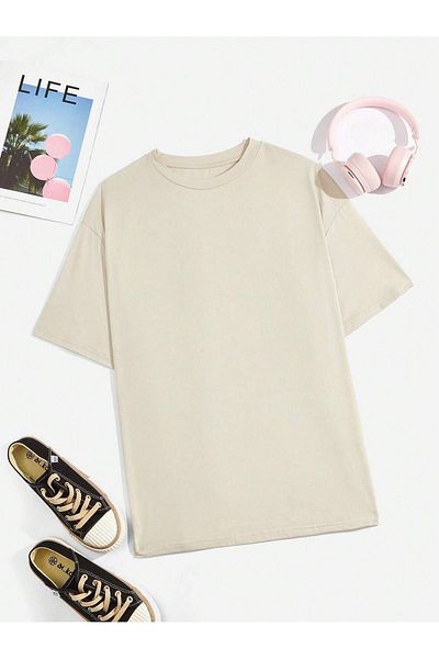 DUBU BUTİK Positive Flower Single Jersey T-Shirt - Beige Printed Oversize Crew Neck T-Shirt