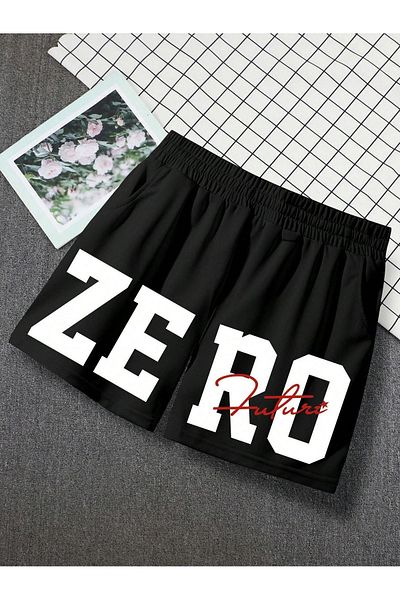DUBU BUTİK Zero Combed Cotton Shorts - Black Printed Short Without Cord