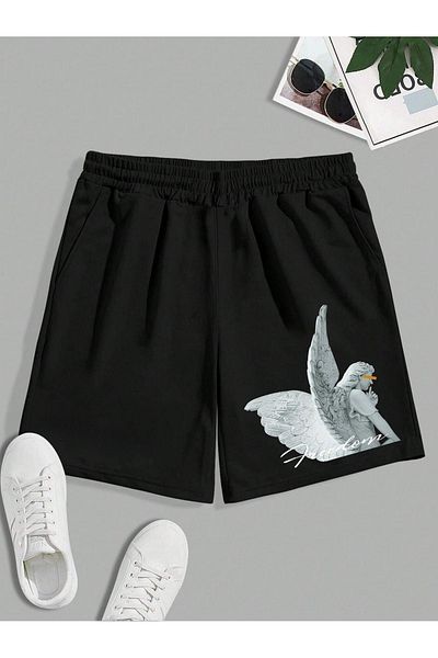DUBU BUTİK Freedom Sculpture Combed Cotton Shorts - Black Printed Short Without Cord
