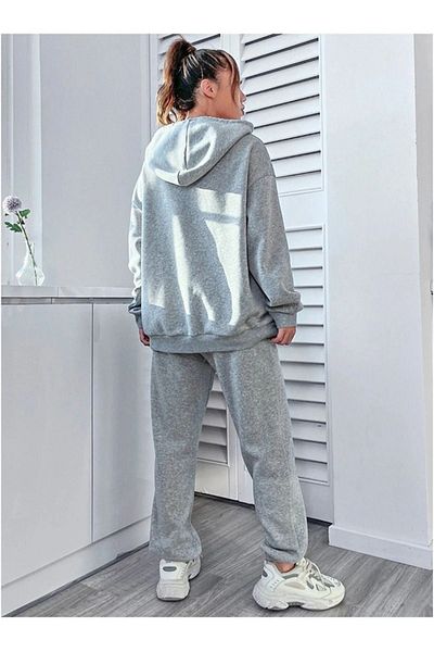 Sweetline Tracksuit Set Sweatshirt Jogger - Gray Printed Oversize Drawstring Hooded