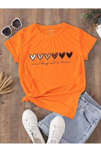 Sweetline Tricou colorat Heart Single Jersey - Imprimat, Oversize, Decolteu Crew, mânecă scurtă