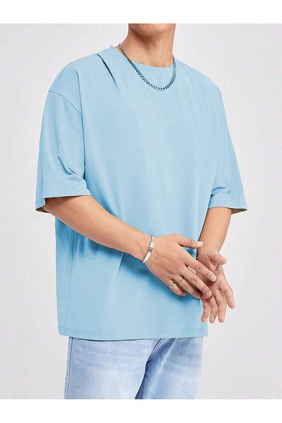 VBSVİBES Tricou de bază dintr-un singur jerseu - Tricou oversize cu gât crew albastru bebeluș