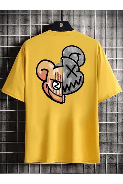 DUBU BUTİK Double Face Teddy Bear Single Jersey T-Shirt - Yellow Printed Oversize Crew Neck T-Shirt