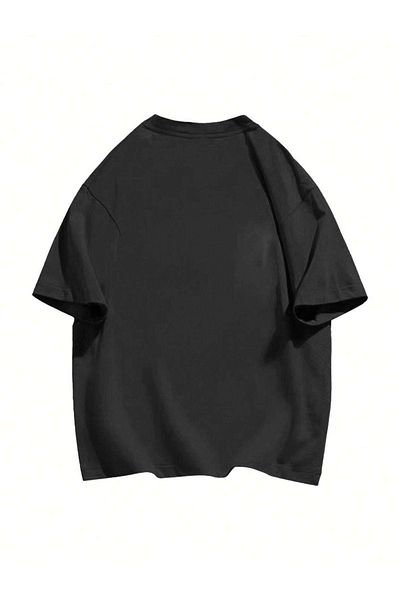DUBU BUTİK Lonely Bear Single Jersey T-Shirt - Black Printed Oversize Crew Neck T-Shirt