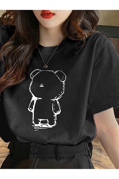 DUBU BUTİK Lonely Bear Single Jersey T-Shirt - Black Printed Oversize Crew Neck T-Shirt
