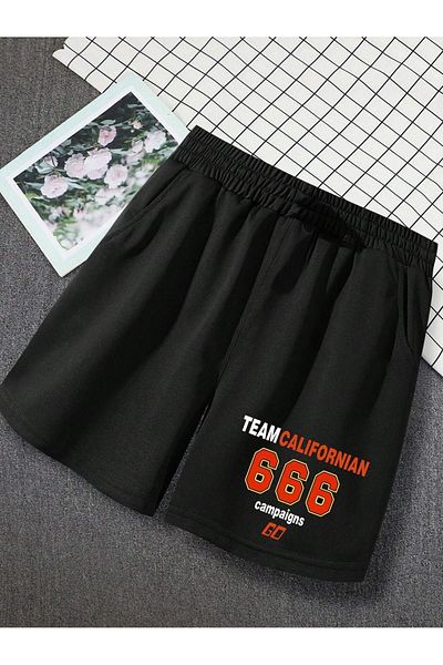 DUBU BUTİK Californian 666 Combed Cotton Shorts - Black Printed Short Without Cord