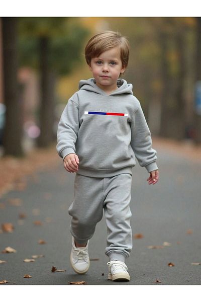 Sweetline Colorful Paris Printed Cotton Kids Hoodie Set - Grey Jogger Printed Girls Boys
