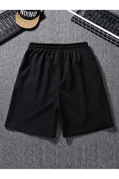 DUBU BUTİK Smiling Face Combed Cotton Shorts - Black Printed Short Without Cord