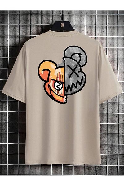 DUBU BUTİK Double Face Teddy Bear Single Jersey T-Shirt - Beige Printed Oversize Crew Neck T-Shirt