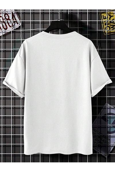 DUBU BUTİK Dreams Collar Detail Single Jersey T-Shirt - White Printed Oversize Crew Neck T-Shirt