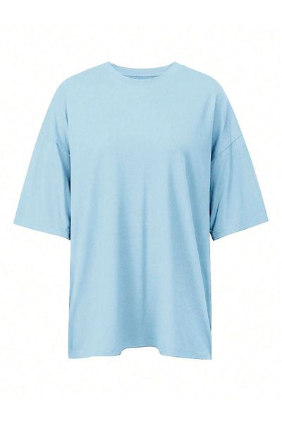 DUBU BUTİK Makes Happy Single Jersey T-Shirt - Baby Blue Printed Oversize Crew Neck T-Shirt