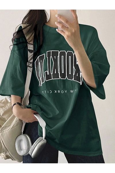 DUBU BUTİK Brooklyn Letter Single Jersey T-Shirt - Green Printed Oversize Crew Neck T-Shirt