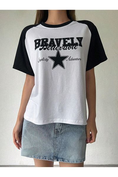 DUBU BUTİK Bravely Believable T-Shirt - White Black Printed Oversize Crew Neck Raglan Sleeve T-Shirt