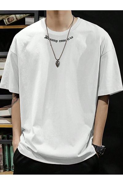 DUBU BUTİK Dreams Collar Detail Single Jersey T-Shirt - White Printed Oversize Crew Neck T-Shirt