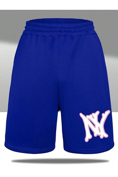 DUBU BUTİK Ny Written Combed Cotton Shorts - Sax Blue Printed Short Without Cord