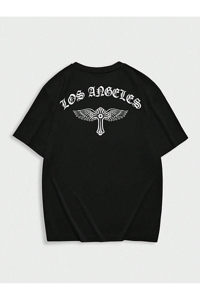 DUBU BUTİK Maryland United States Single Jersey T-Shirt - Black Printed Oversize Crew Neck T-Shirt