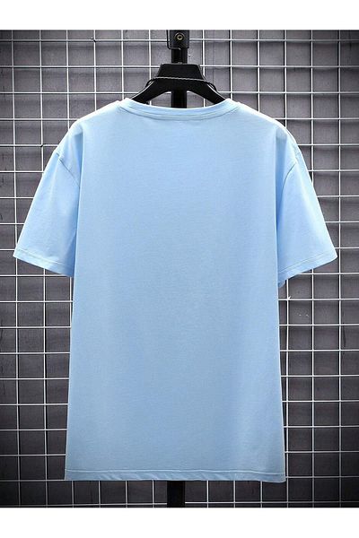 DUBU BUTİK Ny Text Single Jersey T-Shirt - Baby Blue Printed Oversize Crew Neck T-Shirt