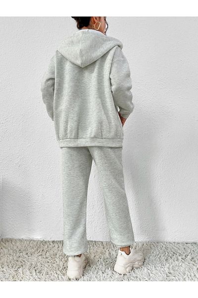Sweetline Sierra Nevada Cardigan Sweatpants Jogger - Γκρι κάτω επάνω συνδυασμός κοστούμι με στάμπα μεγάλου μεγέθους με κουκούλα