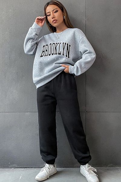 Sweetline 1898 Brooklyn Sweatpants Set Sweatshirt Jogger - Γκρι μαύρο εμπριμέ Oversize Raster Crew Neck