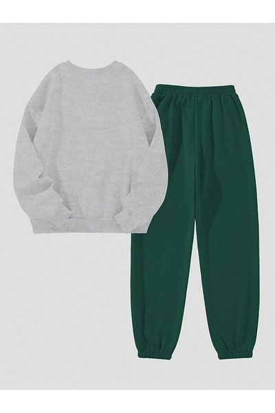 Sweetline Los Angeles Mini Tracksuit Set Sweatshirt Jogger - Gray Green Printed Oversize Shardon Crew Neck
