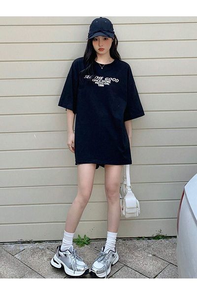 DUBU BUTİK See the Good Single Jersey T-Shirt - Black Printed Oversize Crew Neck T-Shirt