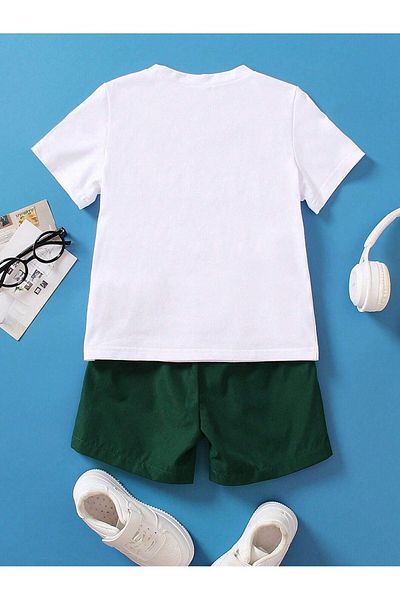 Sweetline Boy-Girl's Summer Crew Neck Cotton Green Shorts and White T-shirt Set