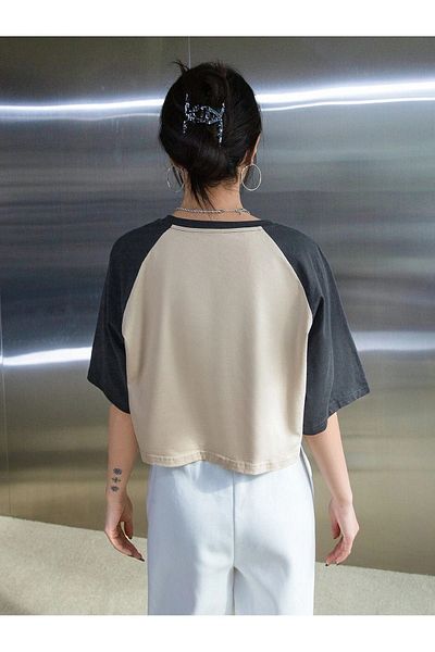 DUBU BUTİK Bagels Printed Single Jersey Crop T-Shirt - Beige Smoked Raglan Sleeve Oversize Crew Neck T-Shirt