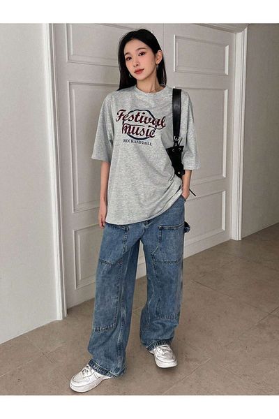 DUBU BUTİK Festival Music Single Jersey T-Shirt - Gray Printed Oversize Crew Neck T-Shirt
