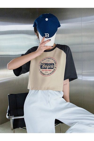 DUBU BUTİK Bagels Printed Single Jersey Crop T-Shirt - Beige Smoked Raglan Sleeve Oversize Crew Neck T-Shirt