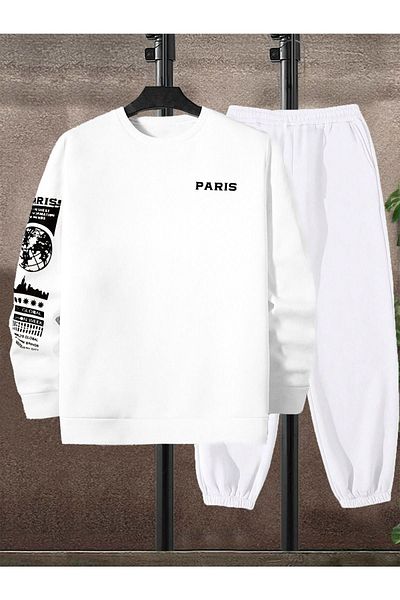 VBSVİBES Tracksuit Set Sweatshirt Jogger - White Printed Oversize Raised Crew Neck