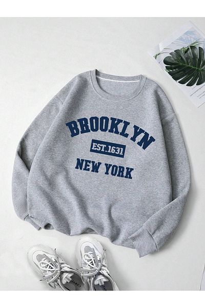 Sweetline Brooklyn 1631 New York Sweatshirt - Gray Printed Oversize Winter Thick Crew Neck