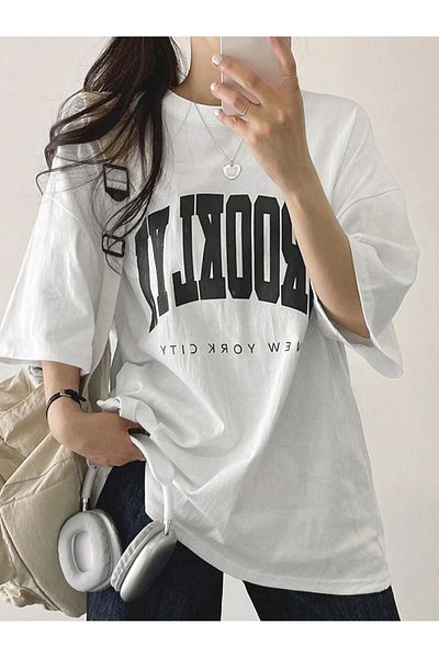 DUBU BUTİK Brooklyn Letter Single Jersey T-Shirt - White Printed Oversize Crew Neck T-Shirt