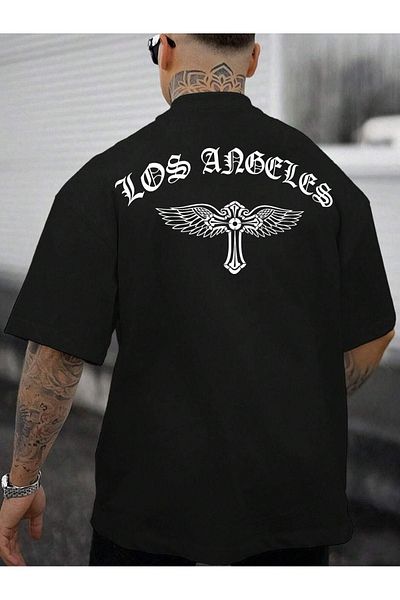 DUBU BUTİK Maryland United States Single Jersey T-Shirt - Black Printed Oversize Crew Neck T-Shirt
