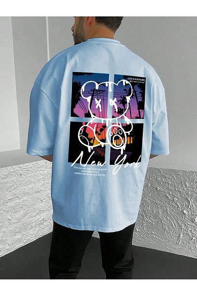 VBSVİBES Tricou New York Bear Single Jersey - Tricou oversize cu gât crew cu imprimeu albastru bebeluș