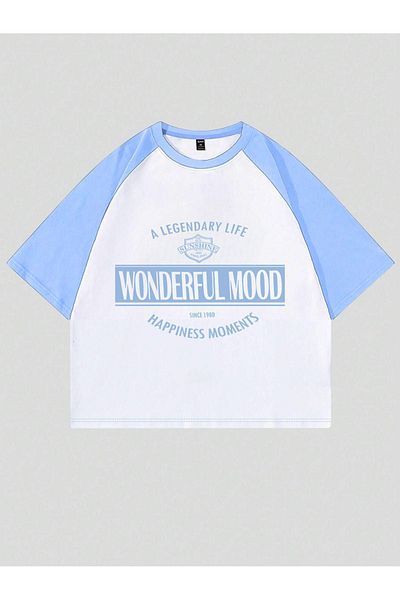 Sweetline Tricou crop din jerseu Wonderful Mood - Tricou supradimensionat cu decolteu rotund cu imprimeu alb albastru