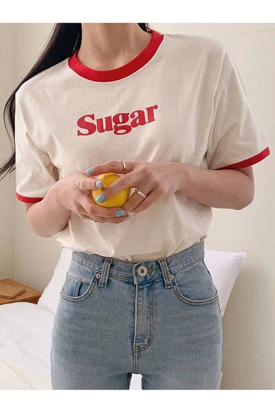 DUBU BUTİK Sugar Piece Single Jersey T-Shirt -Red White Oversize Crew Neck Short Sleeve Tee Shirt