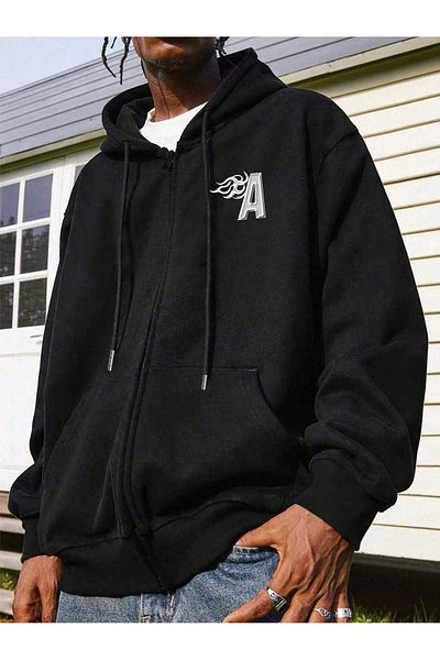 Sweetline A Logo Zippered Cardigan Sweatshirt - Black Printed Oversize Winter Thick Hoodie